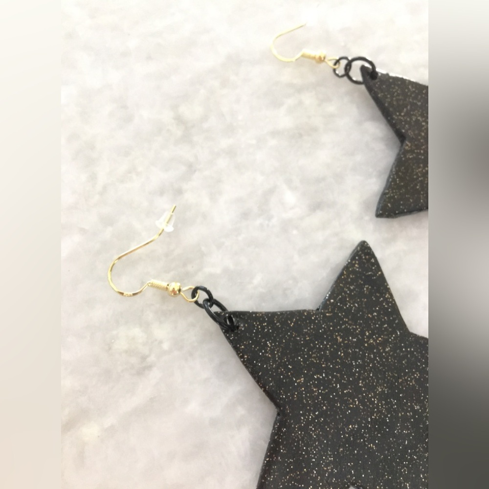Large Black Stars with gold glitter accents handcrafted statement earrings β¨βοΈπ€ - Picture 9 of 13